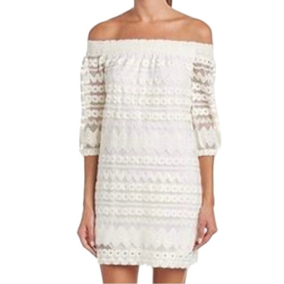 Trina Turk Hoku Embroidery Stripe Lace Off Shoulder Dress Mini Small Ivory - Picture 8 of 11
